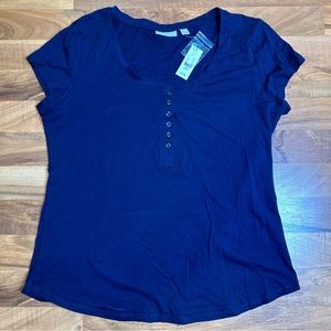 New York & Company Button Front Tee Short Sleeve Navy Blue Size Large‎ NWT